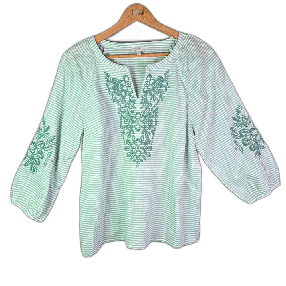 Talbots Tunic Mint Stripe LP Embroidered Neckline Cotton Coastal Grandmother